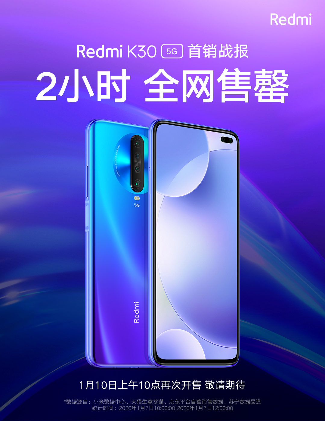 Redmi K30 5G首销2小时全网<span  style='background-color:Yellow;'>售罄</span>，1月10日开启第二轮发售